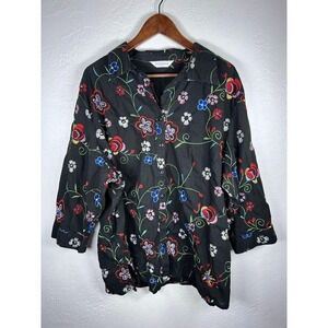 Fresh Produce Black Floral Embroidered Button Down Shirt Women's Size XXL